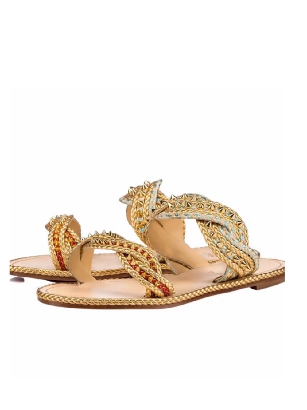 Christian Louboutin Normandie
Flat Rope Gold Leather Spike
Slide Sandal